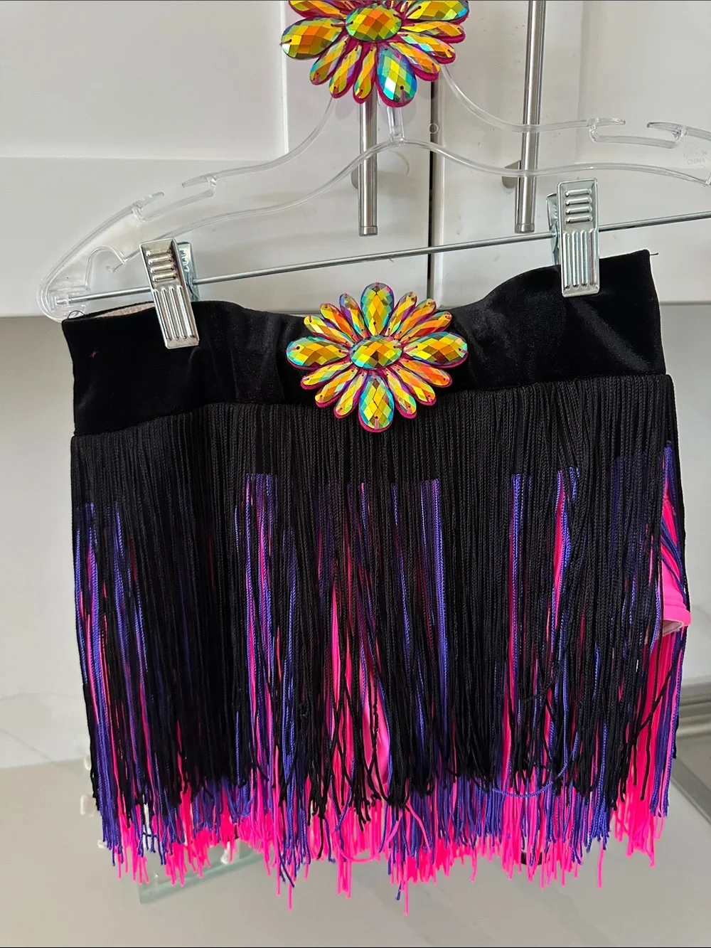 Black Sequin Dance Costume with Pink & Purple Fringe - Kids